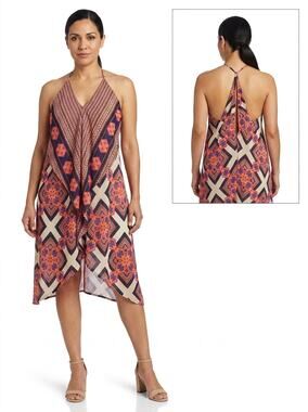 CY Made in USA Mini Asymmetrical Hem Chiffon Halter Dress Women Size S